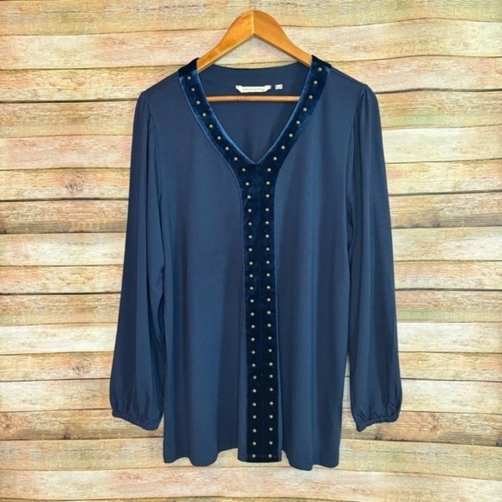 Soft Surroundings Navy Blouse with Studded Trim